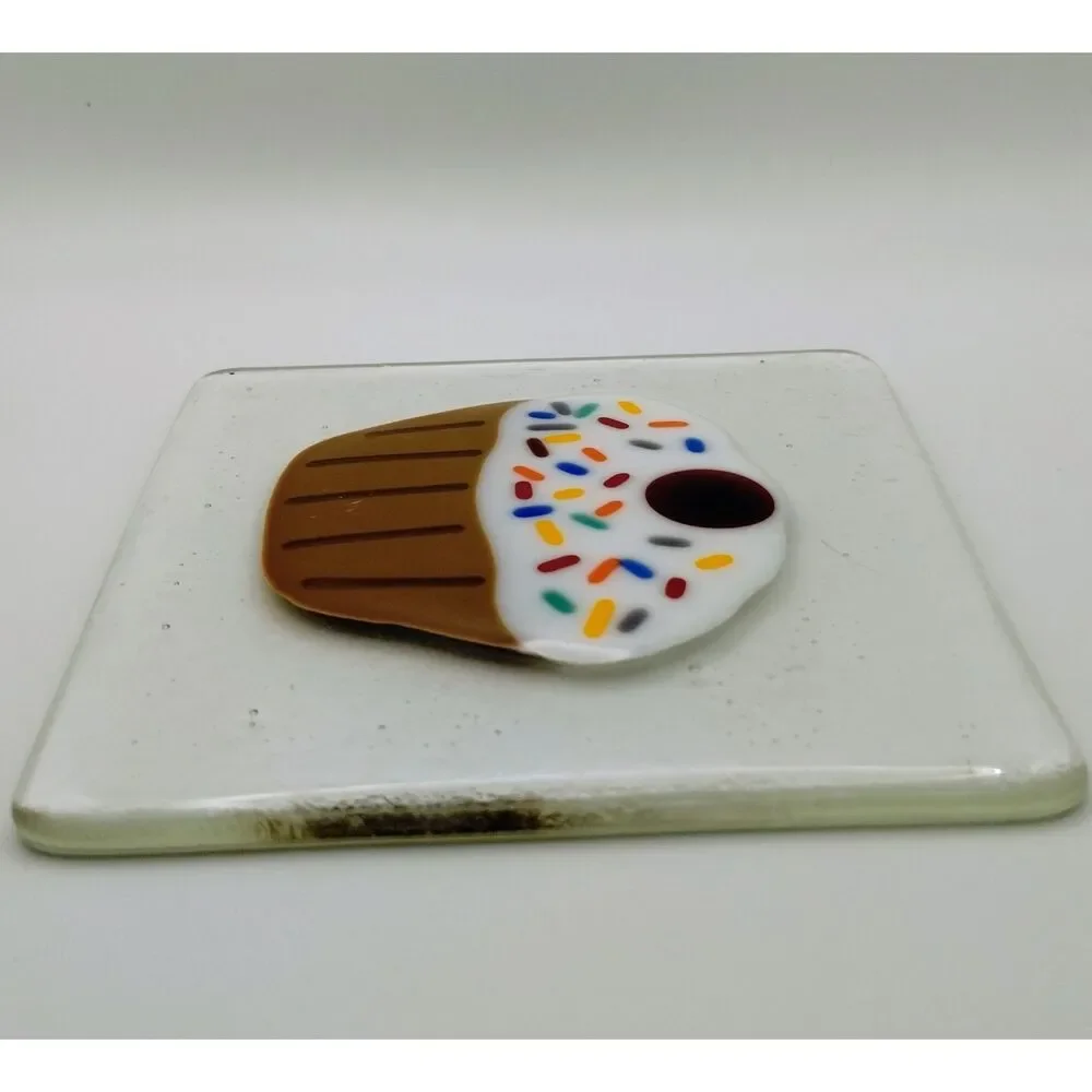 Handmade Fused Glass Cupcake Square Plate Trinket Dish Sprinkles Cherry 4.75in